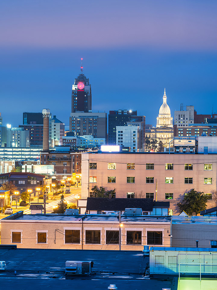 Lansing michigan cityscape at night.