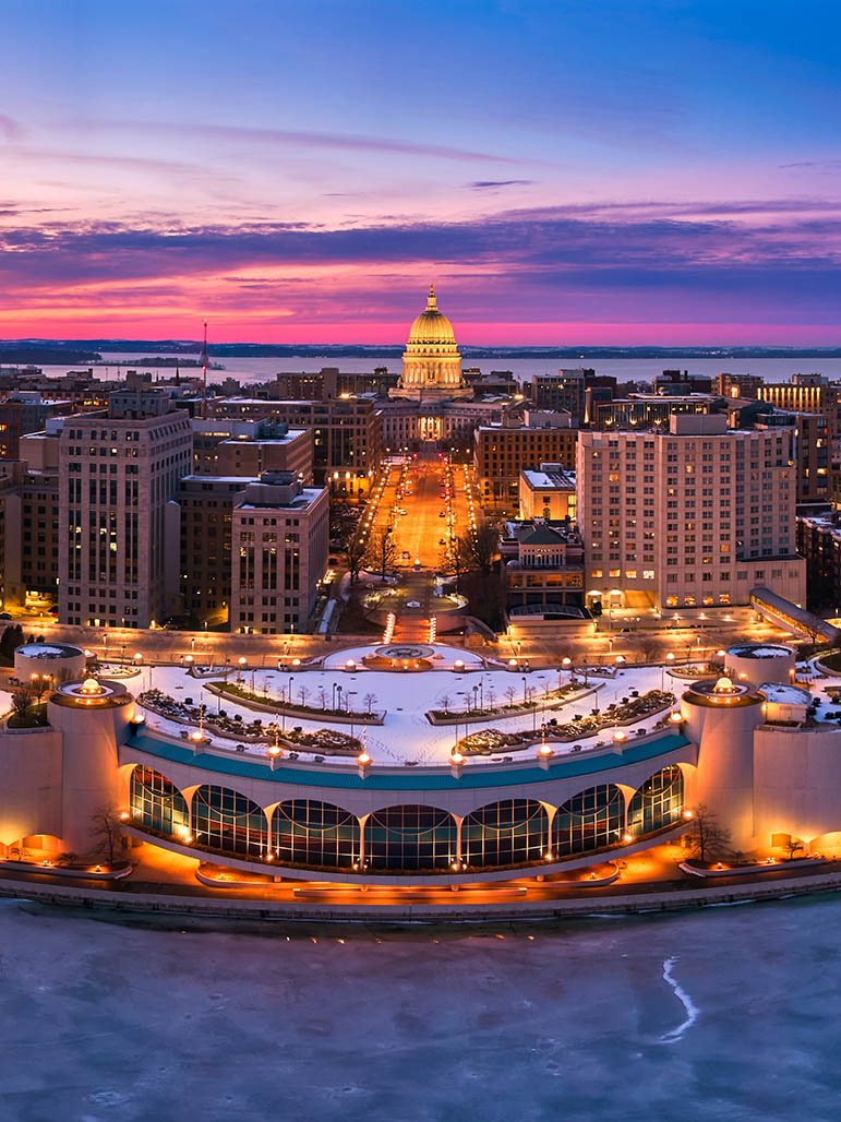 Aerial view of downtown madison wisconsin from lake monona.