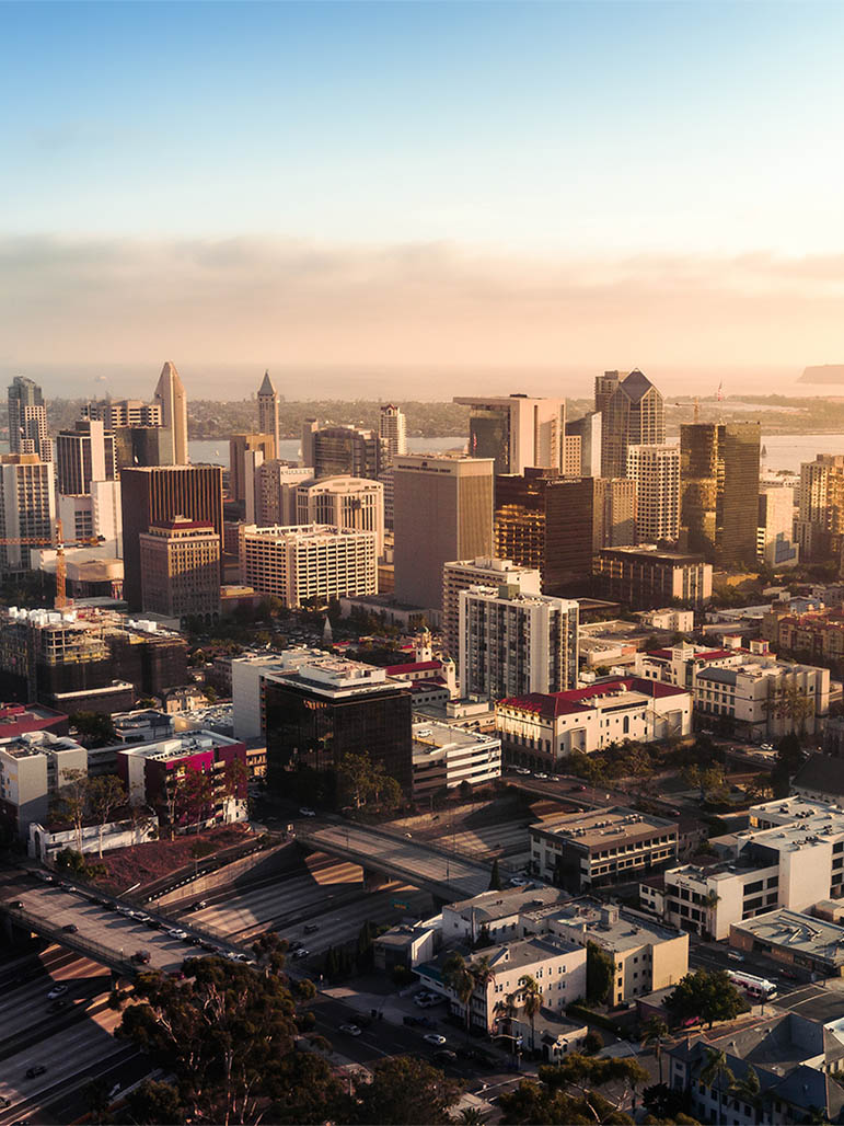 An aerial view of san diego california at dawn.