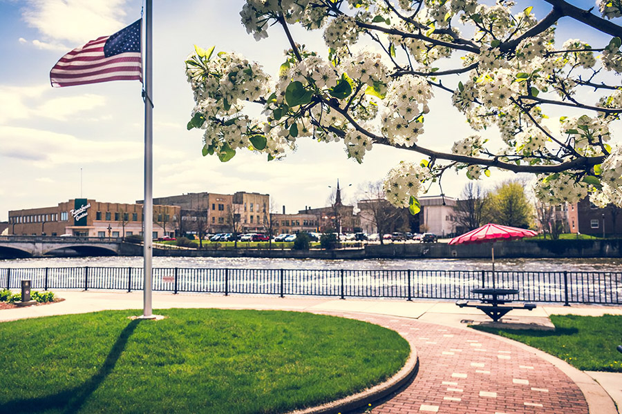 View of the rock river from firehouse park in downtown janesville wi.