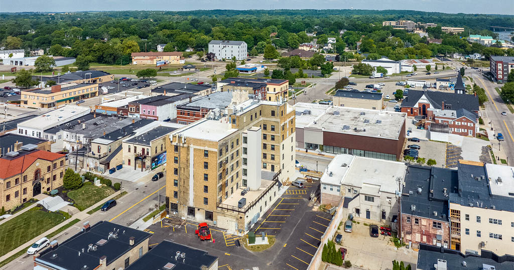 The Monterey Apartments building in a residential area of the historic Look West neighborhood of Janesville, Wisconsin.
