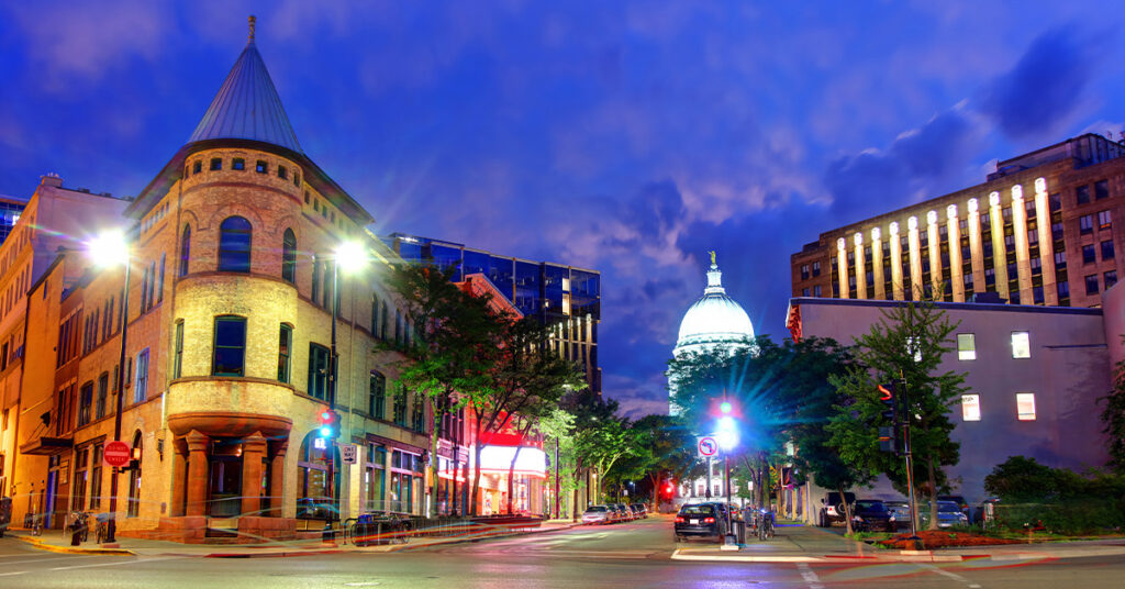 View of madison wisconsin's state street at night