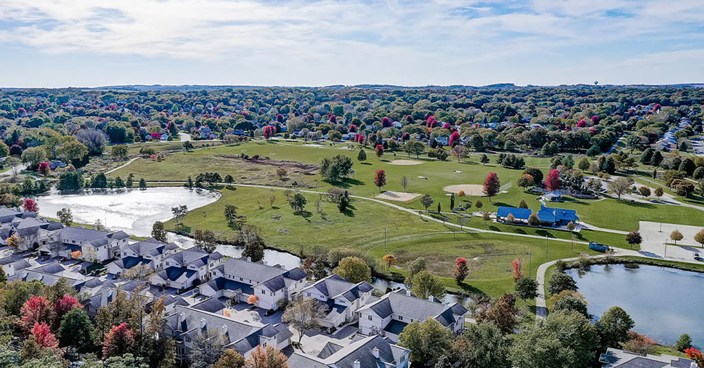 Aerial view of a suburban neighborhood in Fitchburg Wisconsin during fall.