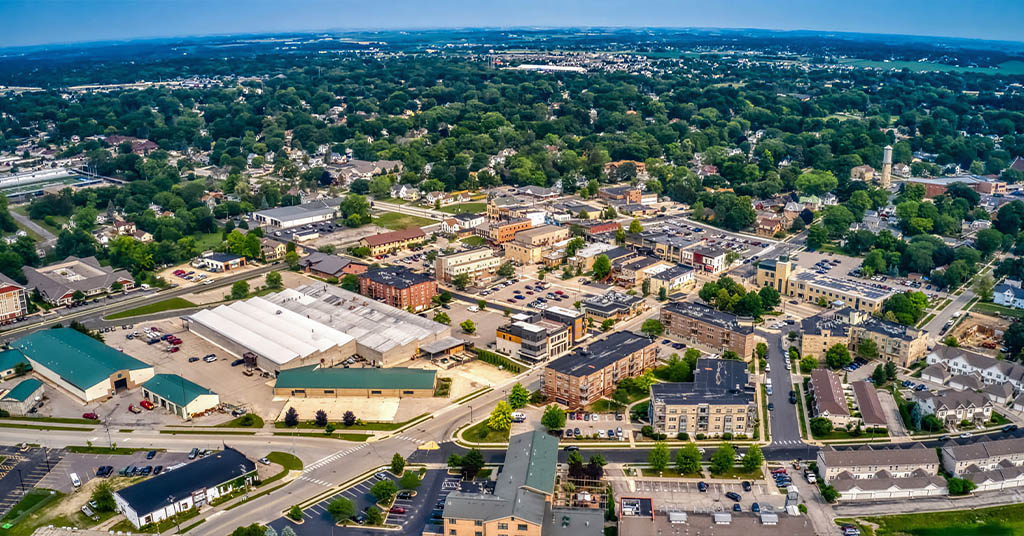 Aerial panorama of downtown sun prairie wisconsin and surrounding neighborhoods.