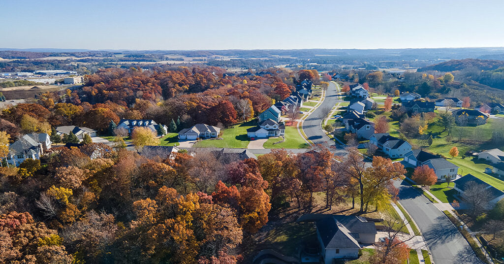 Aerial view of eau claire wisconsin residential neighborhood in autumn.