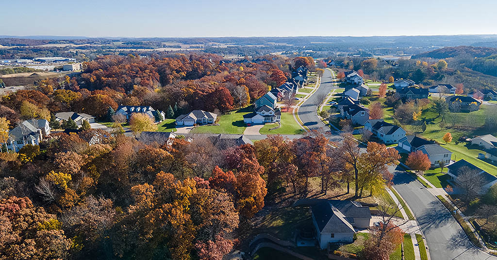 Aerial panorama of an eau claire wisconsin suburban neighborhood in autumn.