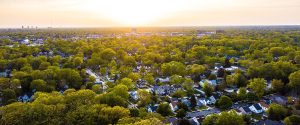 Aerial view of a neighborhood of suburban homes in Michigan.