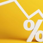 A downward trending arrow over a percentage sign symbolizing falling mortgage rates.