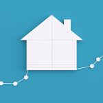 A white house symbol with a white line graph trending upward behind it symbolizing increasing mortgage rates.