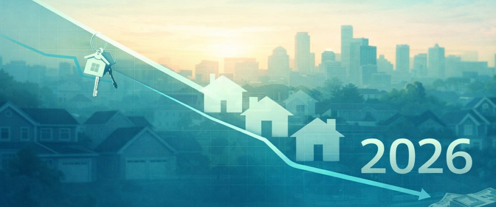 A sunrise over a suburban neighborhood with a distant city skyline. A curved line moves downward from left to right, suggesting improving affordability in the housing market.