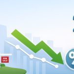 Illustration of a house with a for sale sign beside an arrow trending downward a percent symbol and dollar sign with the year 2026 above, representing dropping mortgage rates in 2026.