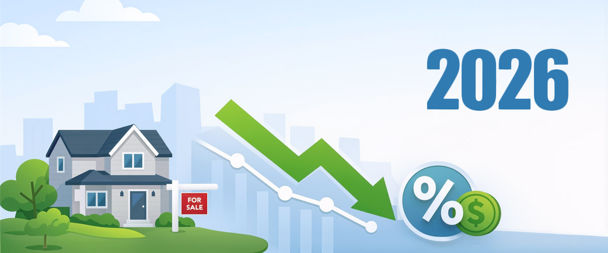 Illustration of a house with a for sale sign beside an arrow trending downward a percent symbol and dollar sign with the year 2026 above, representing dropping mortgage rates in 2026.