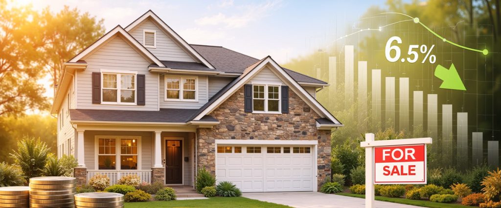 A home behind a For Sale sign, coins, and calculator, with a 6.5% rate graphic and a downward arrow, symbolizing home prices.