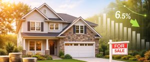 A home behind a For Sale sign, coins, and calculator, with a 6.5% rate graphic and a downward arrow, symbolizing home prices.