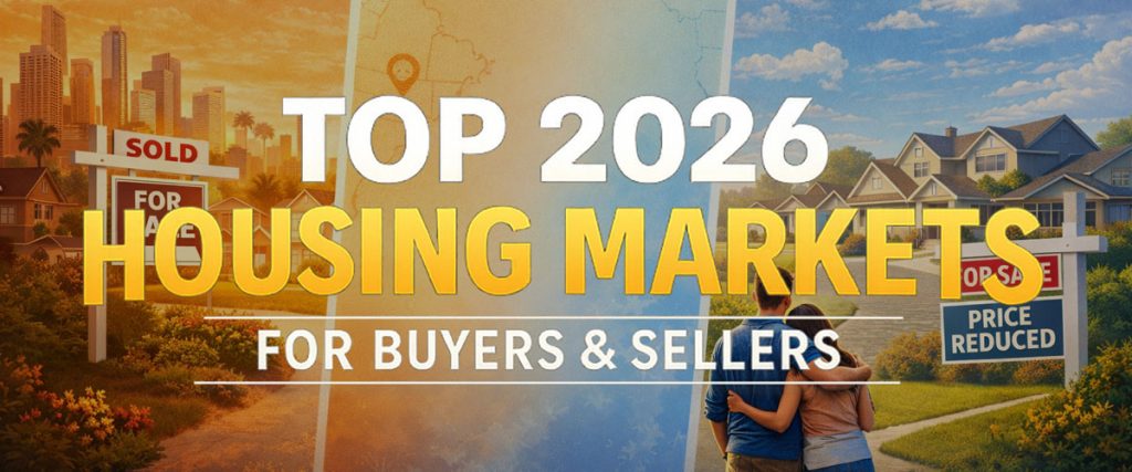The headline Top Ten 2026 Housing Markets for Buyers and Sellers imposed over images of suburban homes with For Sale signs.