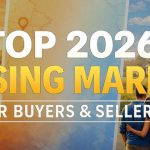 The headline Top Ten 2026 Housing Markets for Buyers and Sellers imposed over images of suburban homes with For Sale signs.
