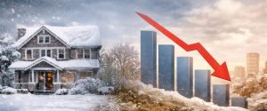 Snowfall over a suburban home with a downward trend arrow and bar graph, symbolizing lower existing home sales in January 2026.
