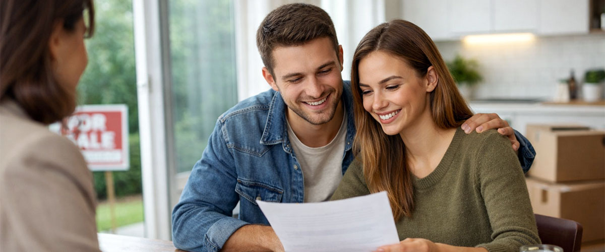 First-time home buyers reviewing paperwork with a real estate agent in their new home.