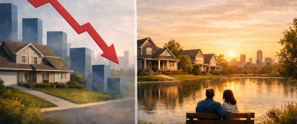 Illustration showing a split housing market: homes under a downward price trend on one side and a peaceful suburban neighborhood by a lake at sunset on the other.