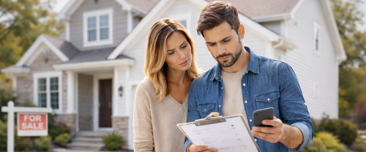 Couple reviewing home selling paperwork outside their suburban house with a for-sale sign, representing common homeowner mistakes when selling a home.