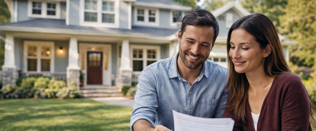 Prospective homebuyers review budget and mortgage documents outside a single-family home, illustrating improving home affordability and growing buyer confidence in the US.