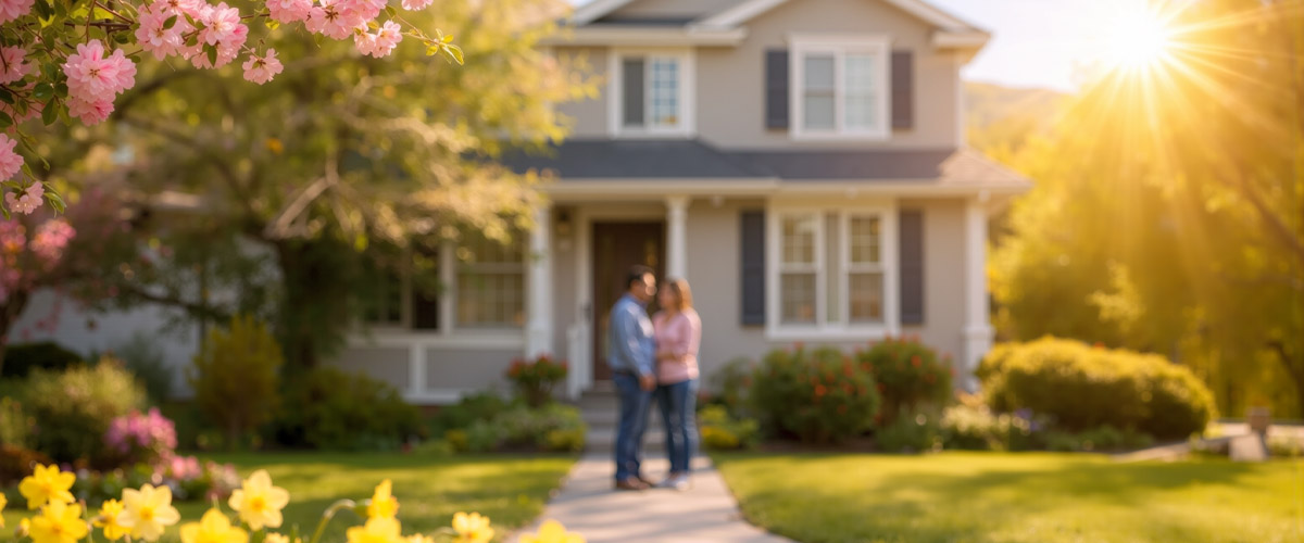 Sunlit spring home exterior with blooming pink flowers, yellow daffodils, and a couple standing on the front walkway.