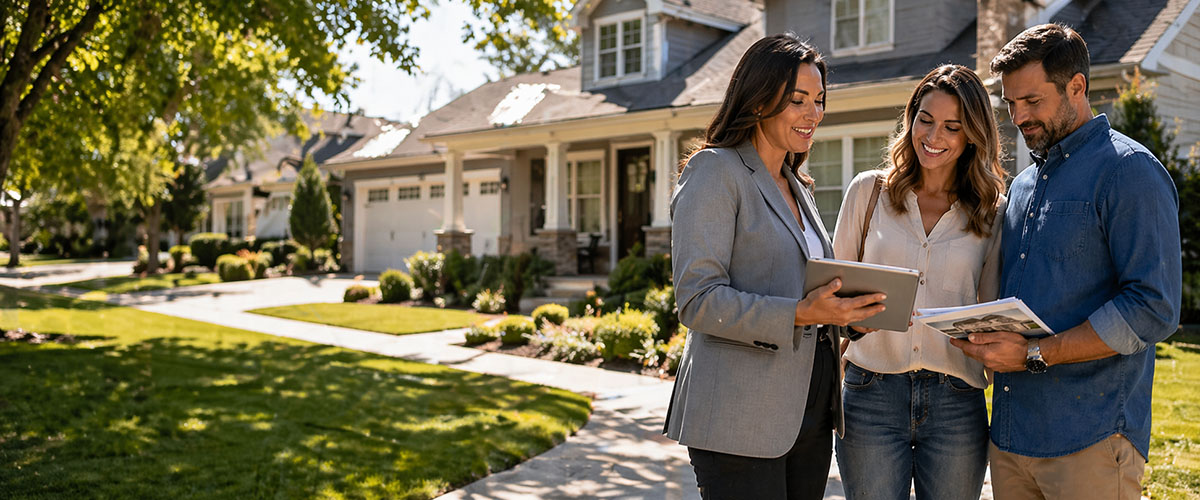Real estate agent meeting with a homebuyer couple outside a suburban house, reviewing listing documents and a tablet.