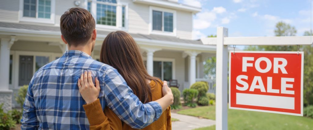 Couple standing arm in arm outside a modern suburban home at sunset, symbolizing the decision to buy a house in today’s real estate market.