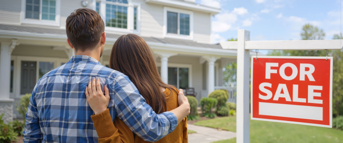 Couple standing arm in arm outside a modern suburban home at sunset, symbolizing the decision to buy a house in today’s real estate market.