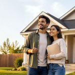 First-time homebuyers holding keys in front of their new home after exploring down payment options.