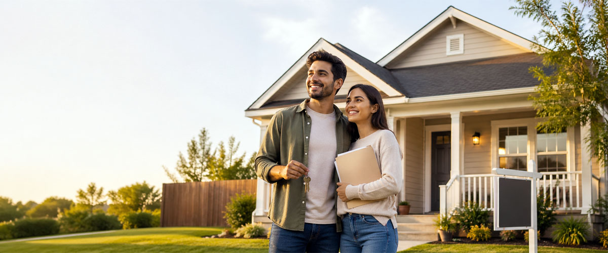 First-time homebuyers holding keys in front of their new home after exploring down payment options.