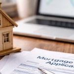 Wooden house model, calculator, mortgage paperwork, and laptop on desk, representing home financing and adjustable-rate mortgages.