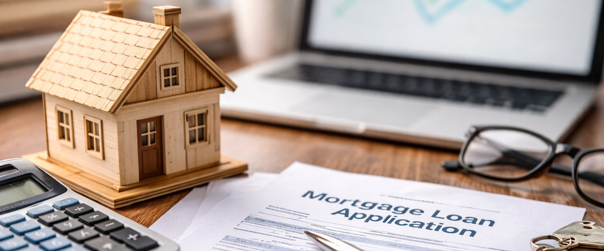 Wooden house model, calculator, mortgage paperwork, and laptop on desk, representing home financing and adjustable-rate mortgages.