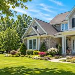 May home selling curb appeal with a well-maintained home, lush green lawn, mature trees, and colorful landscaping.