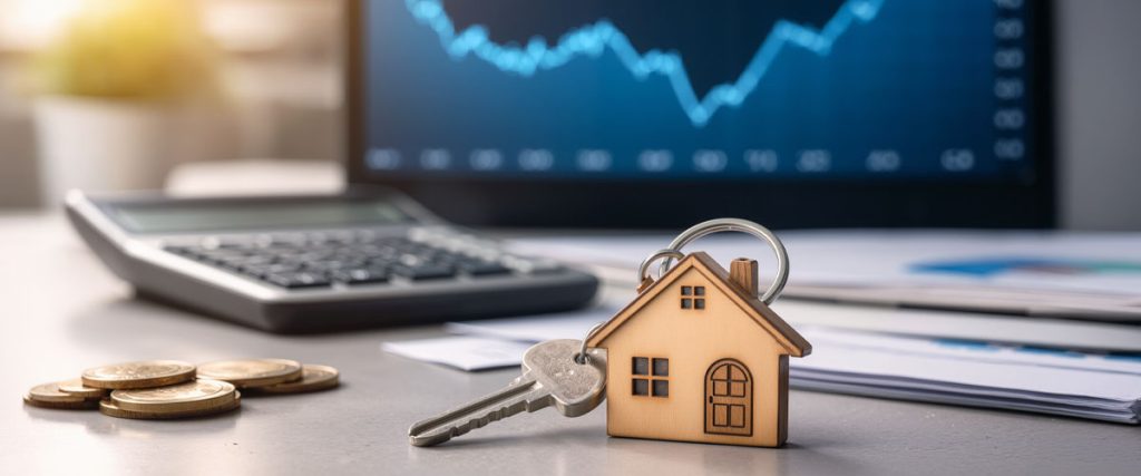 Mortgage rates and home buying concept with a house keychain, calculator, coins, and financial chart on a desk.