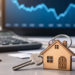 Mortgage rates and home buying concept with a house keychain, calculator, coins, and financial chart on a desk.