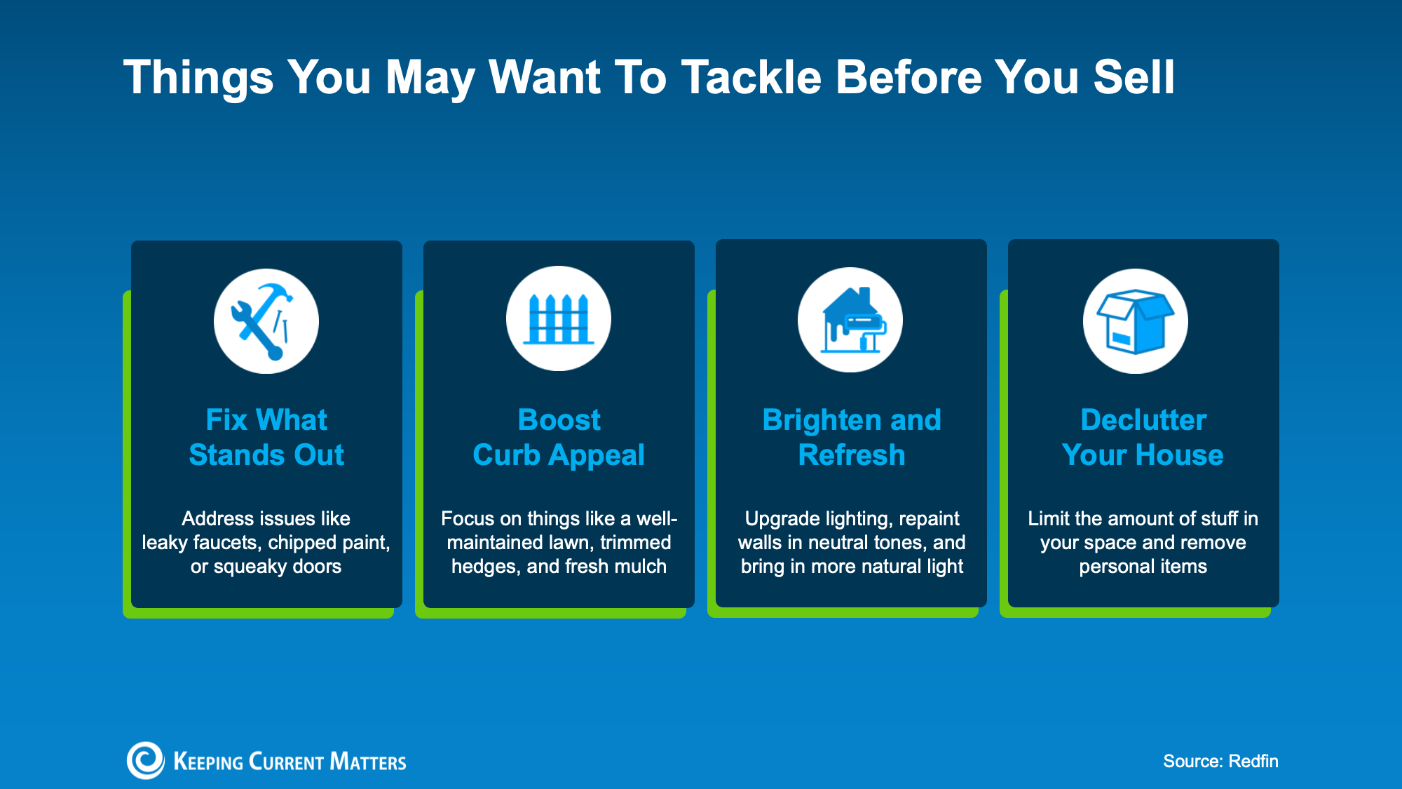 Before selling your house, fix visible issues, boost curb appeal, brighten rooms, and declutter personal items.
