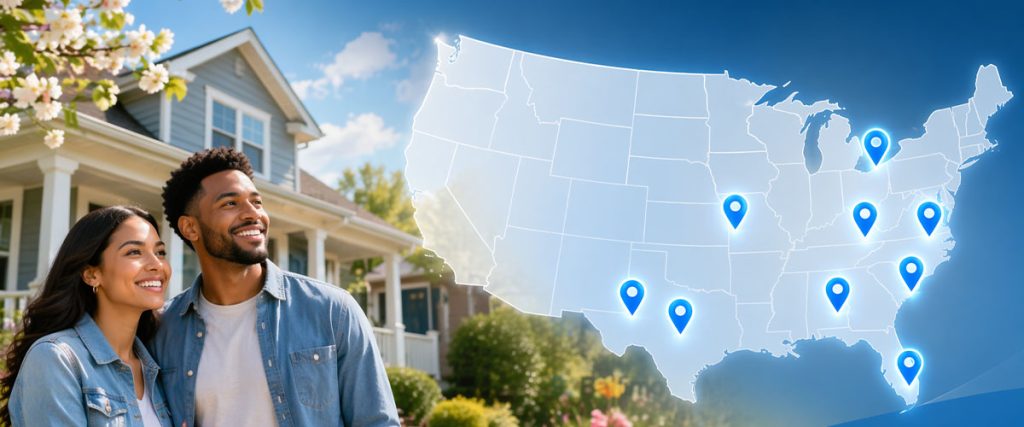 Smiling young couple outside a starter home in spring with a U.S. map marking the top 10 housing markets for first-time home buyers.