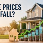 Are Home Prices Going To Fall graphic with a suburban home, for sale sign, and rising chart showing long-term price growth.