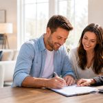 New home buyers signing an offer with a real estate agent during a spring real estate consultation.