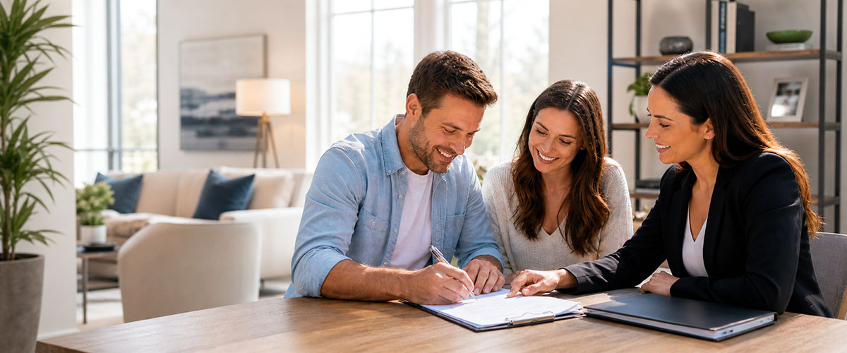 New home buyers signing an offer with a real estate agent during a spring real estate consultation.