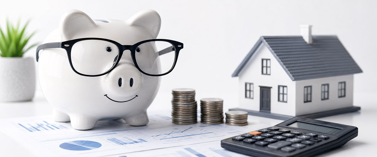 A piggy bank with glasses, a model home, coins, and a calculator resting on financial charts, representing housing affordability and saving for a home budget.