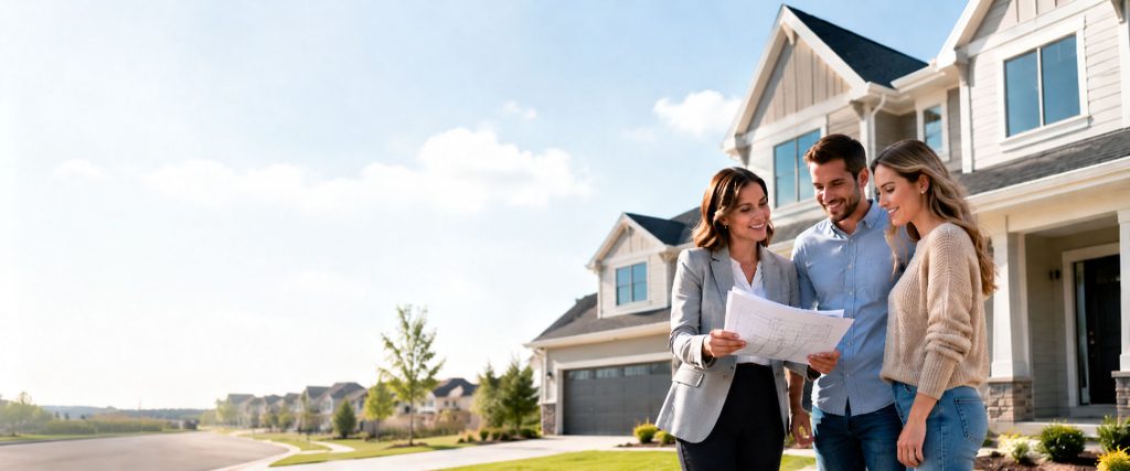 Real estate agent reviewing new construction plans with buyers outside a newly built home.