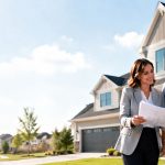Real estate agent reviewing new construction plans with buyers outside a newly built home.