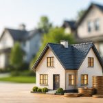 Miniature home, coin stacks, and piggy bank representing record high mortgage debt and home equity.
