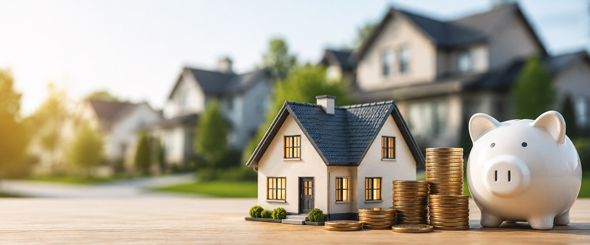 Miniature home, coin stacks, and piggy bank representing record high mortgage debt and home equity.