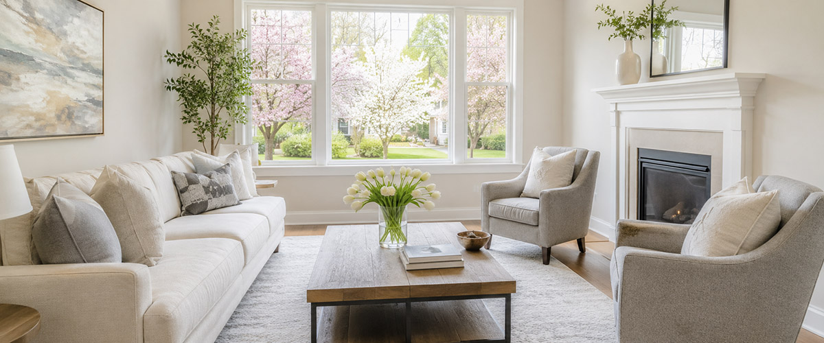 Bright staged living room with neutral decor, fresh flowers, natural light, and spring greenery outside.