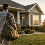 Military service member carrying a duffel bag toward a home at sunset.