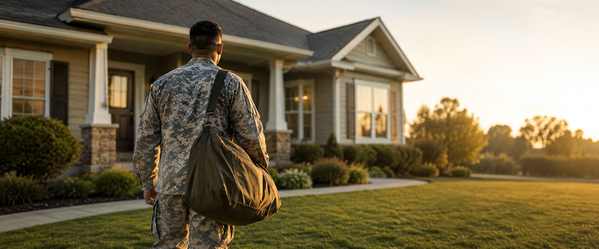 Military service member carrying a duffel bag toward a home at sunset.