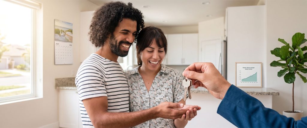 Real estate agent handing house keys to two smiling home buyers.